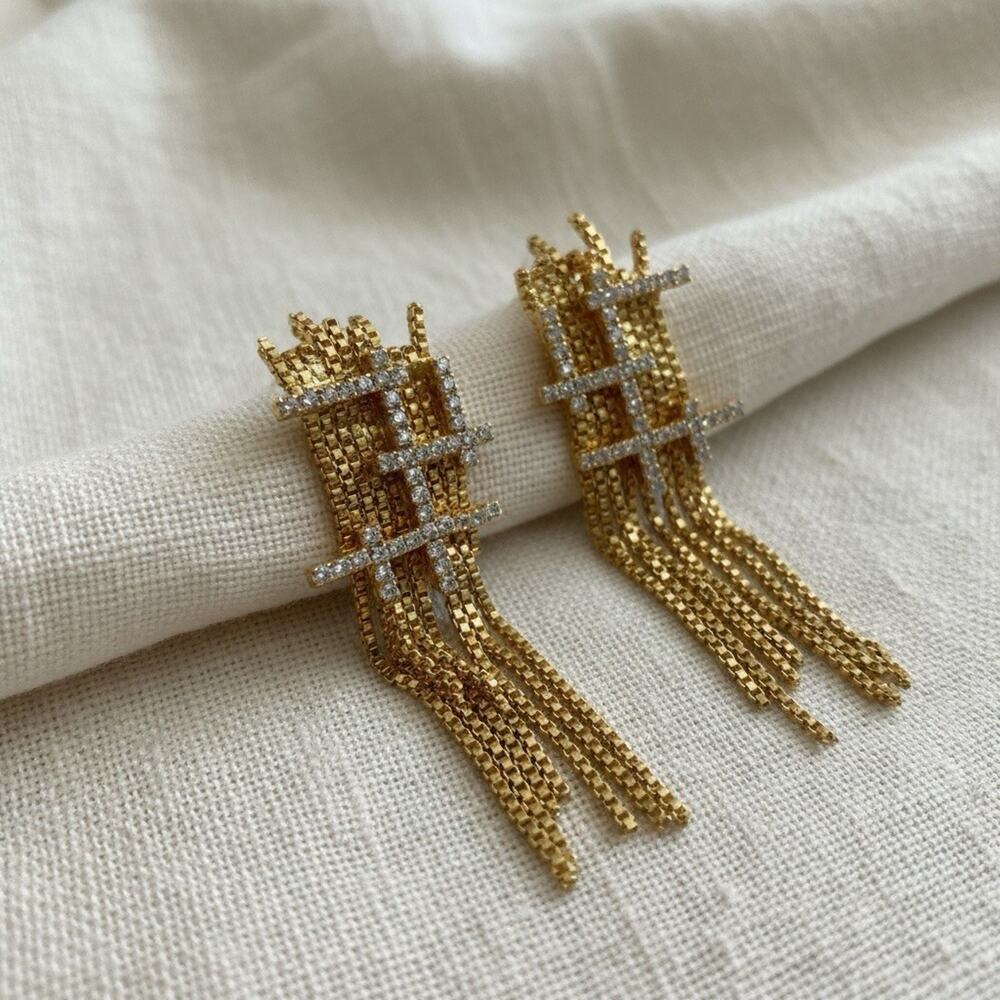 Gold Tassel Fringe Chain Stud Earrings Crystal CZ Geometric Sculptural Statement